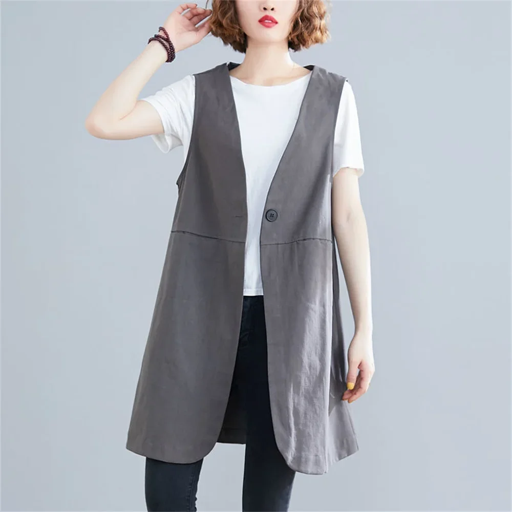 Cotton Linen Vest Women Waistcoat New Spring Summer Loose V-Neck Sleeveless Vest Top Long Grey Black Casual Vest Jacket V745