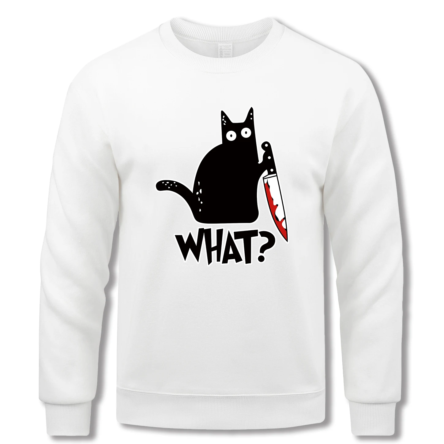 Kleine schwarze Katze hält ein Messer bedrucktes Herren-Sweatshirt, trendiger O-Ausschnitt, lange Ärmel, lockere Pullover, männliche Fleece-Herbstkleidung