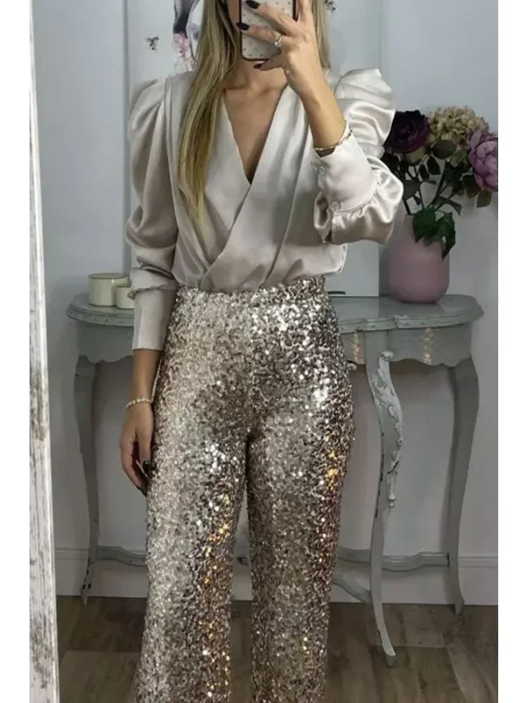 Fashion Spring/Summer Women\'s Sequin Flare Pants Casual Slim Fit Elastic Flare Pants Versatile Solid Color Micro Flare Pants