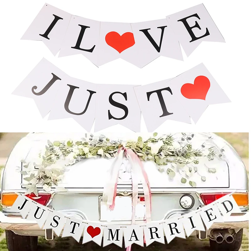 JUST MARRIED Wedding Banner Set, Reception Wedding Decoration, Bride Gifts And Engagement Photo Props, Car Decoration