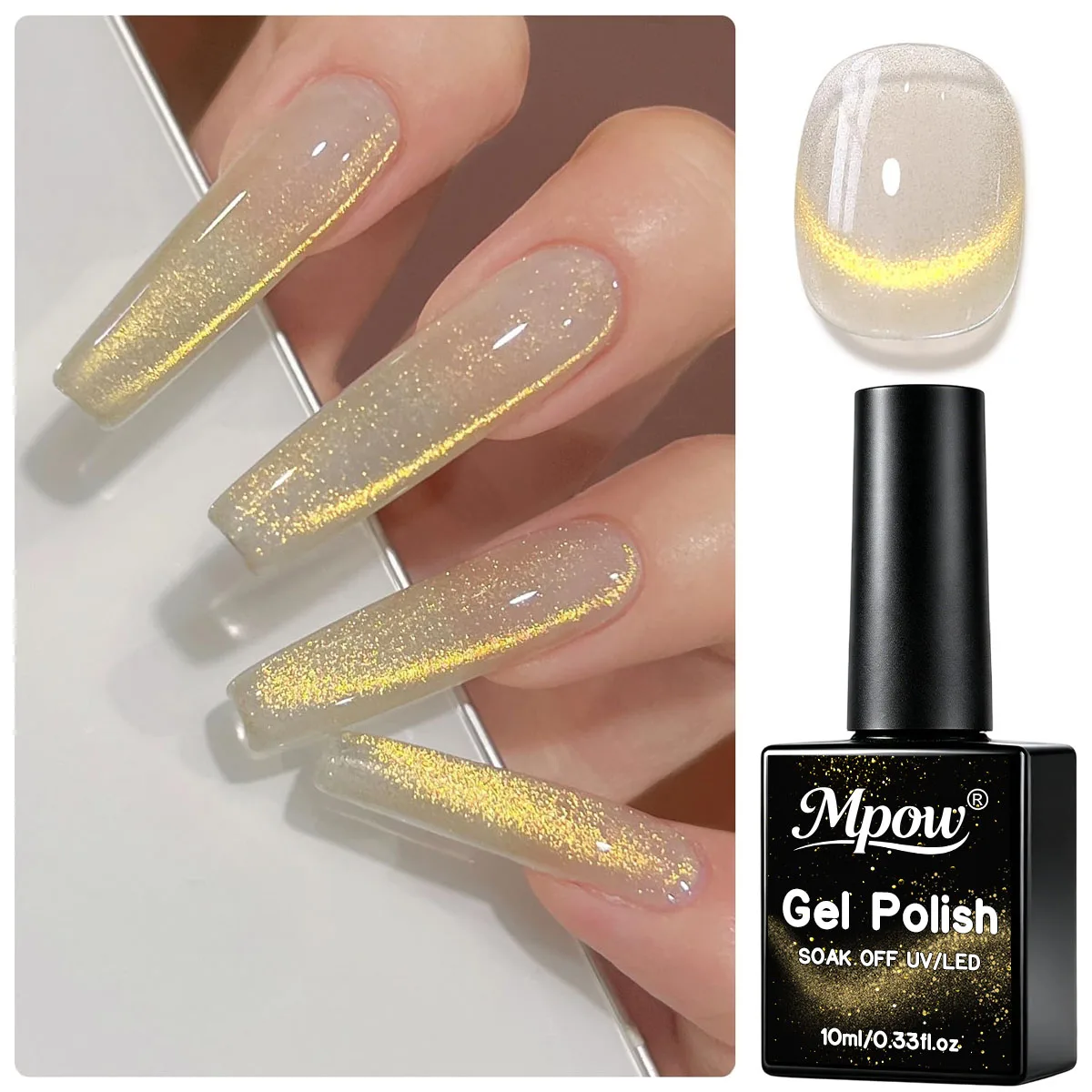 Mpow 10ml Icy Golden Cat Eye Gel Vernis à Ongles Jaune Effet Magnétique Scintillant Soak Off UV LED Semi-Permanent Nail Art DIY