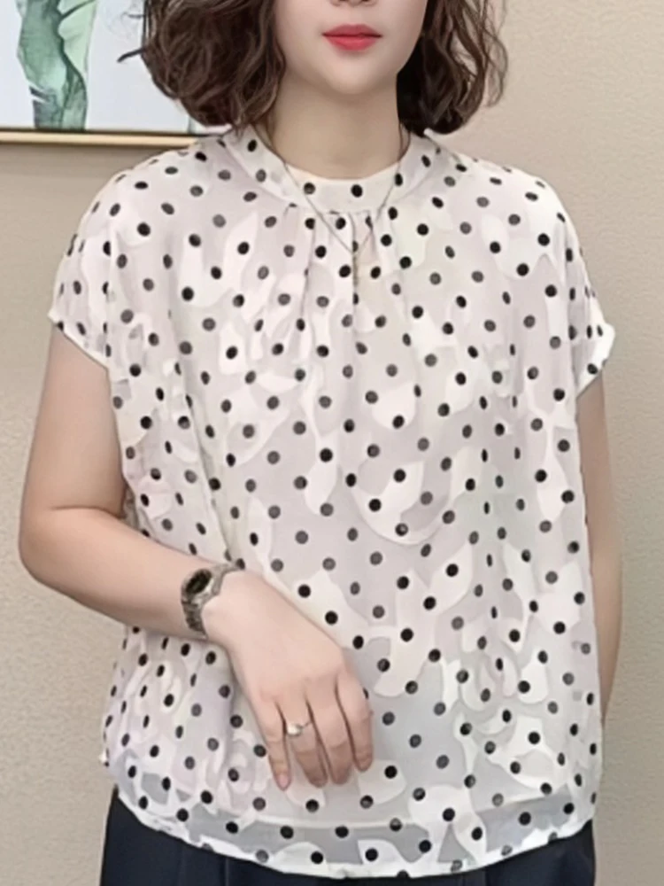 Polka Dot Stand Collar ort Sve irt Women's Faion Slimming Design Sensation Me Top Summer New Sle Ele Lady