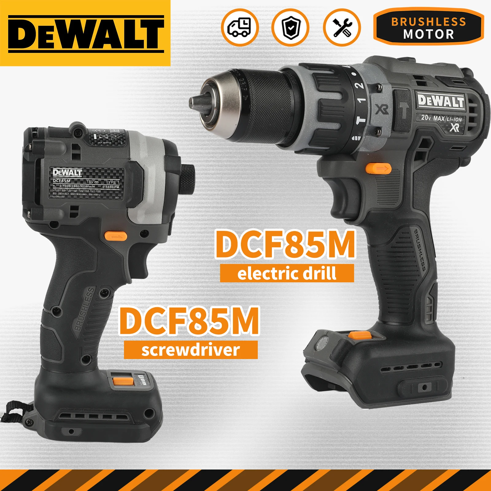 Dewei DCF85M 20V brushless drill and impact screwdriver | 205 Nm torque 0-3250 rpm 13mm chuck power tool