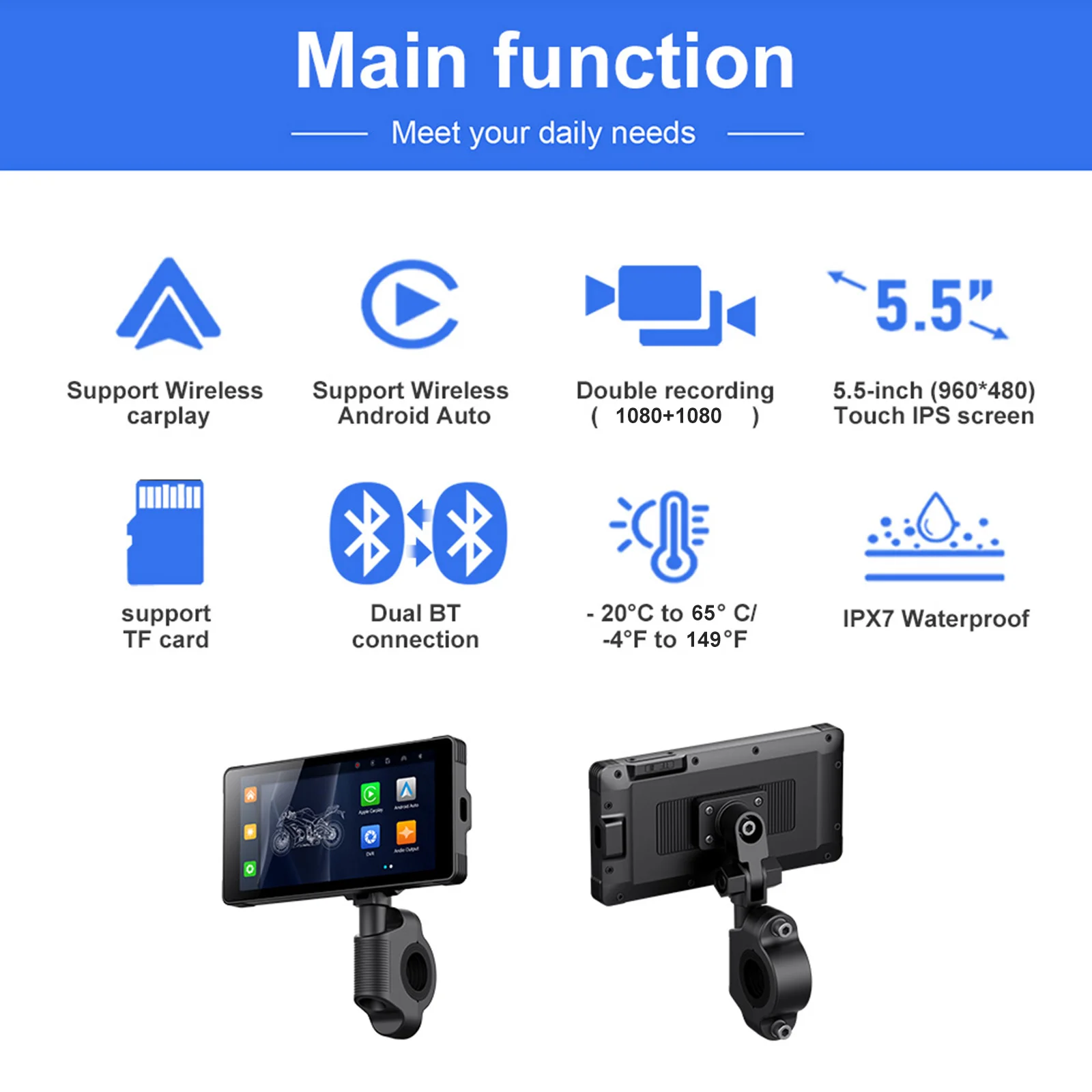 5.5 Inch Motorcycle Wireless Carplay Android Auto Portable Navigation Touch Screen IPX7 Motorcycle Waterproof Display