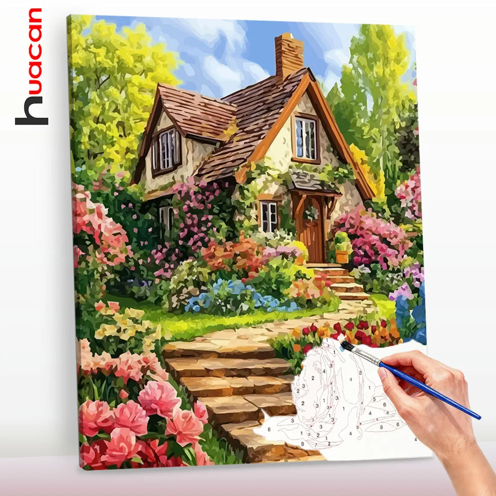 Huacan DIY Digitales Ölgemälde Haus Landschaft Handgemaltes Gemälde Kunst Malen Nach Zahlen Blumenlandschaft Heimdekoration ﻿