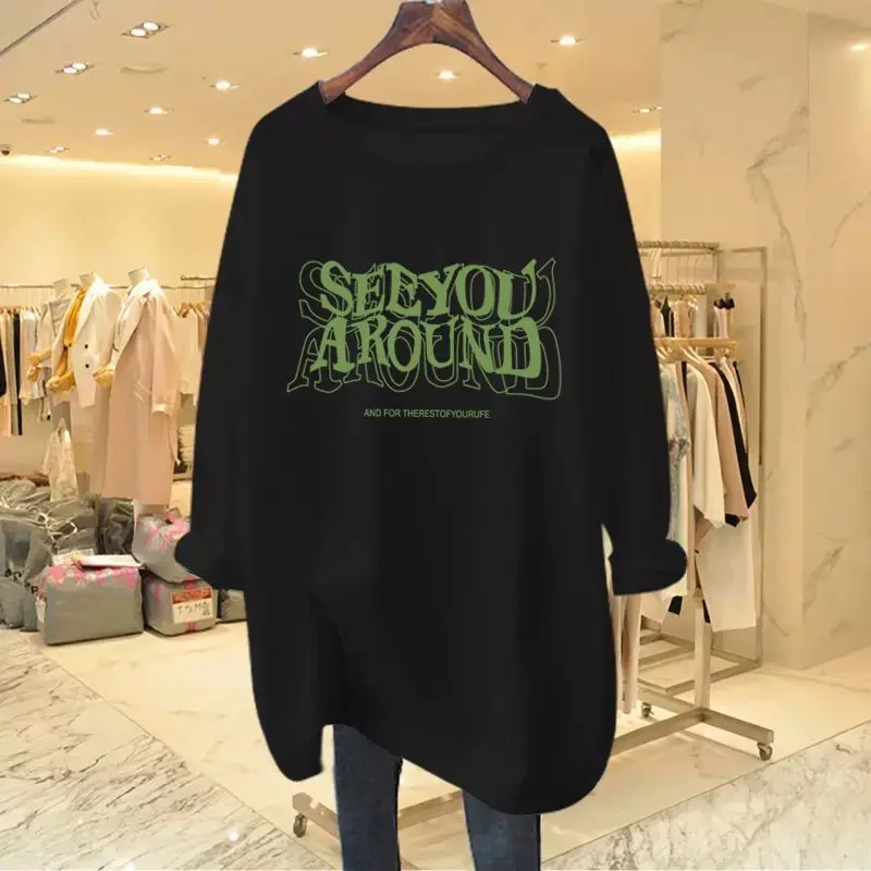 Fashion Printing Letter Cotton Mid Length Version T-shirt Women Classic Long Sleeve O-collar Loose All-match Korean Casual Top