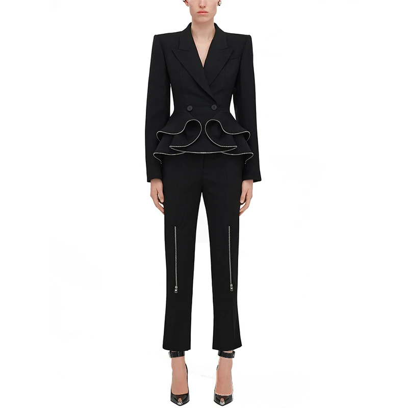 

New Arrivals Fashion Black 2 Pieces Outfit for Women Blazer With Pants V Long Sleeve Slim Fit Zip Peplum Ruffles Female Clothing