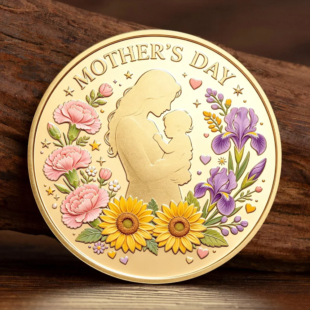 2D UV Mother's Day Commemorative Coins Color Printing Gold Plating Process Gift for Mother's Day Coin for Collection