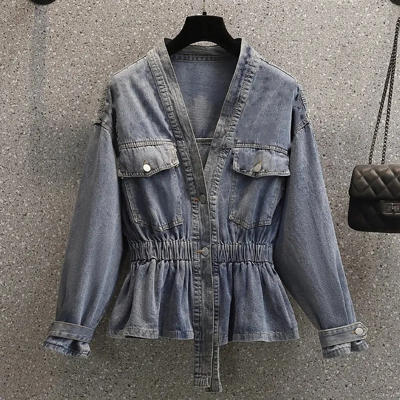 Denim Jacket for Women Studded Cinched Waist Jean Coat Spring Autumn Slim Crop Short Biker Outerwear Small Harajuku Streetwear