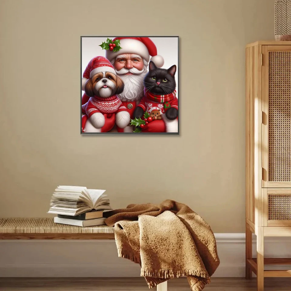 Diamond Art Painting Merry Christmas Santa Clause and Dog Diy Cross Stitch Embroidery Kit Mosaic Cartoon Animals Cat Home Decor