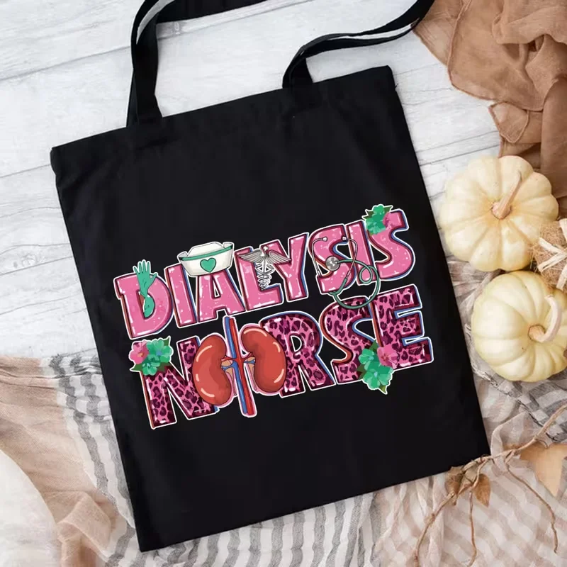 Pink Nurse Canvas Tote Bag "NURSE" Letter Print with Stethoscope Syringe Nurse Cap Mask Pink Bow Pills Bandage Sparkle Decor