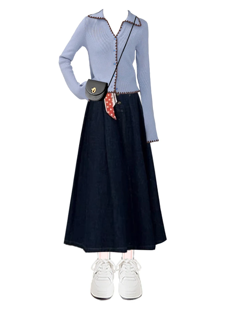 Color Blo Knitted Sweater Cardigan And Denim  Skirt Two Piece Set Women's Faion Winter High Waist Long Sve ort L...