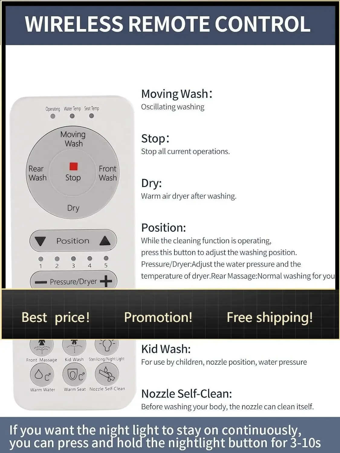 US Shipping BestsellerBestsellerElectric Bidet Toilet Seat Elongated, Stainless Steel Nozzle | Smart Heated Seat With Instant Wa