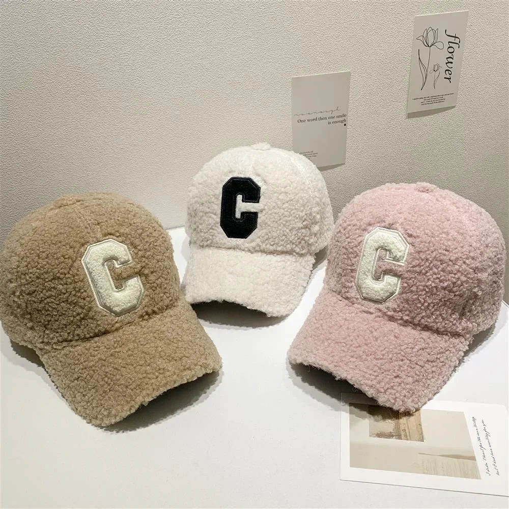 

New C Embroidered Letter Baseball Hat Women's Lamb Fleece Winter Thickened and Warm Duck Tongue Hat Korean Leisure Hat BQ2121