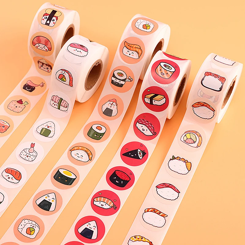 1Roll 2.5cm/1inch Circular Cartoon Sushi Pattern Sticker Birthday Wedding Decor Sticker Baked Dessert Lunch Box Label Sticker