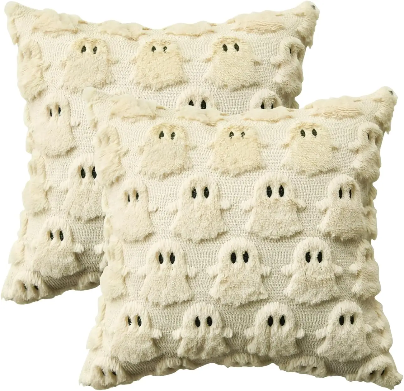 

colorlife Halloween Ghost Beige Throw Pillow Cover Set of 2, 16 x 16 Inch Soft Plush Faux Fur Jacquard Spooky Cushion Case Decor