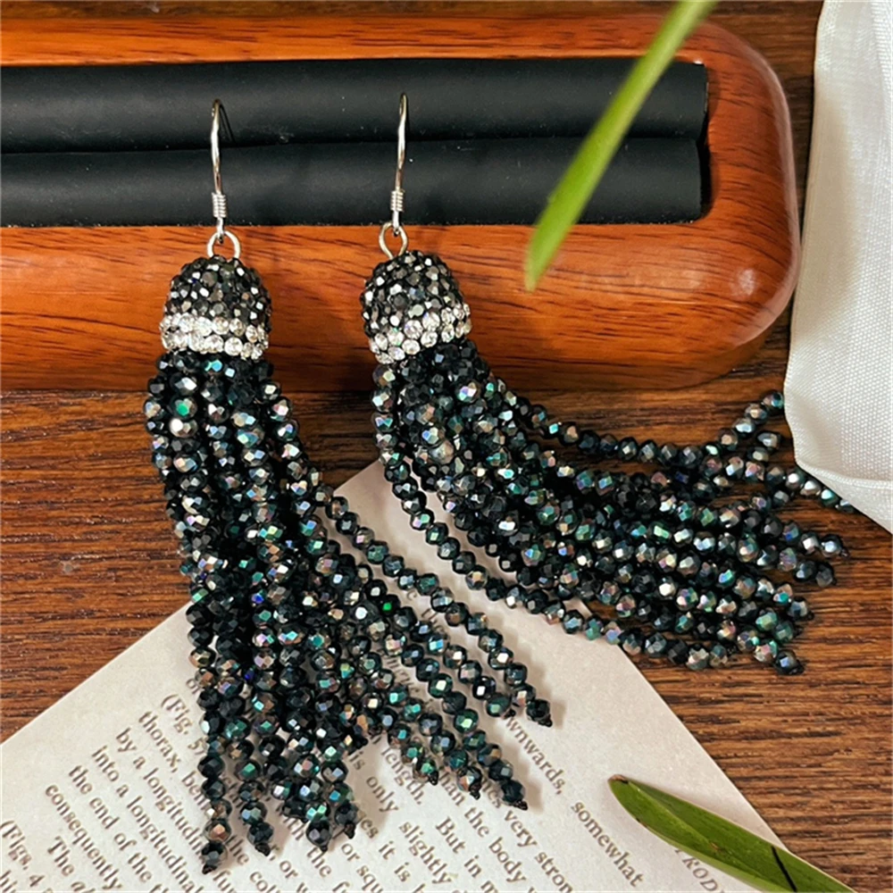 Hot Handmade Beaded 925 Silver Hook Crystal Beads Tassel Earrings Rice Crystal Grey Color Rhinestone Dangle Earring for Women