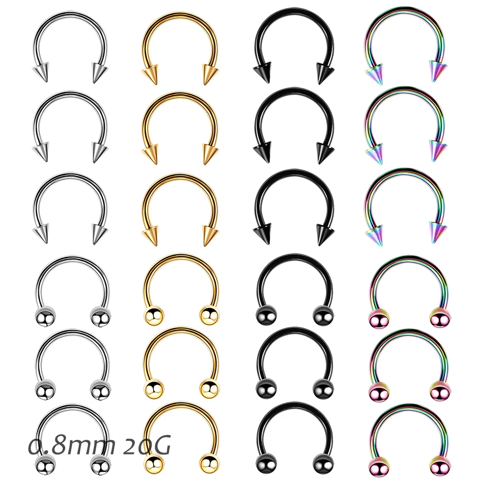 6Pcs 20G Septum Lip Nose Eyebrow Piercing Ring Ball Spike Cone Circular Barbell Horseshoe Body Jewelry CBB Stainless Steel 0.8mm