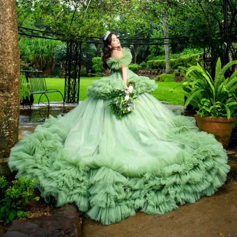 

Зеленое бальное платье для выпускного вечера, кружевное, с бисером, многоярусное, из тюля, с корсетом, с открытыми плечами, для Sweet 16, платье на 15-летие (vestidos de 15 anos)