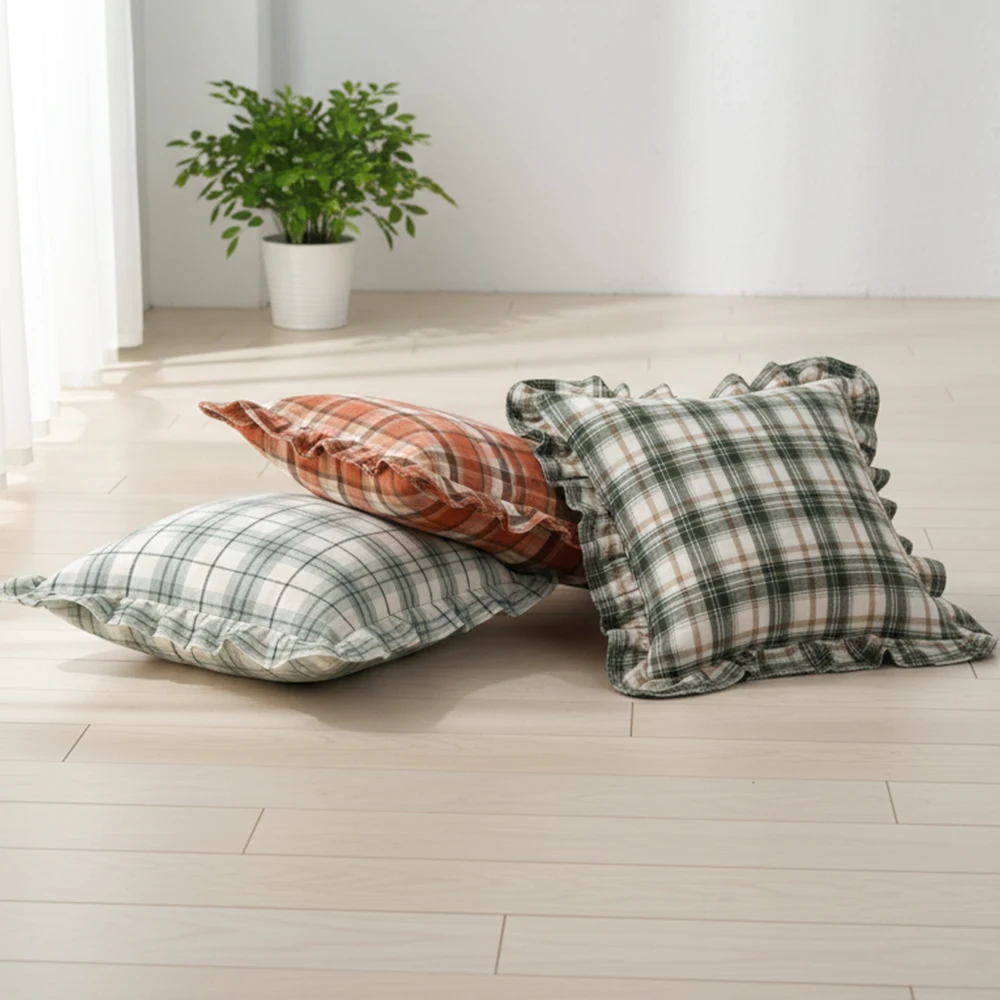 BUYNOW 1 STÜCK Zweifarbiger karierter Spitzenkissenbezug Britischer Vintage-Stil Countryside Cottage Sofa Kissenbezug Home Schlafzimmer Bett Dekor – Detail 3