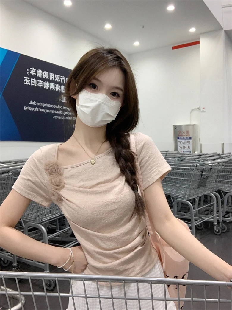 Cute Style Short Sleeve T-Shirt Women's Summer Pure Desire Sexy Folded Slimming Short Length Shoulder Level Top Flower 3D
