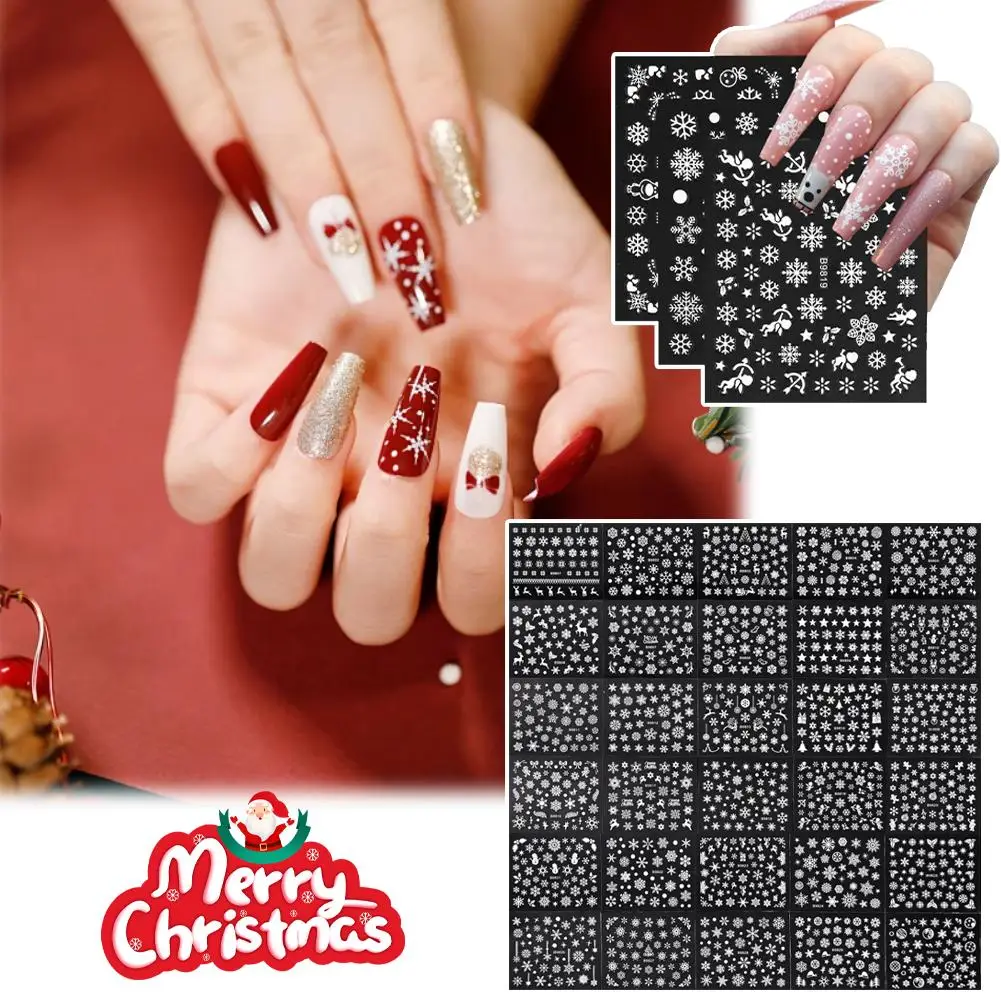 30 hojas de pegatinas navideñas 3D para decoración de uñas, calcomanías, suministros para decoración de uñas para mujeres y s, muñeco de nieve autoadhesivo con copos de nieve de dibujos animados