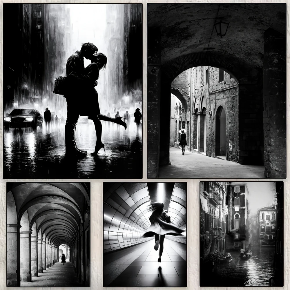 Black and White City Corner Poster Perfect Space Sticker Self Adhesive for Office Home Theater Wall Art Decor Fancy Gift