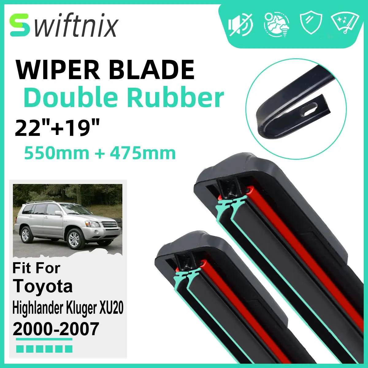 

Double Rubber Car Wiper Blades for Toyota Highlander Kluger XU20 2000-2007 Front Windscreen Rubber Car Accessories 2006 2007