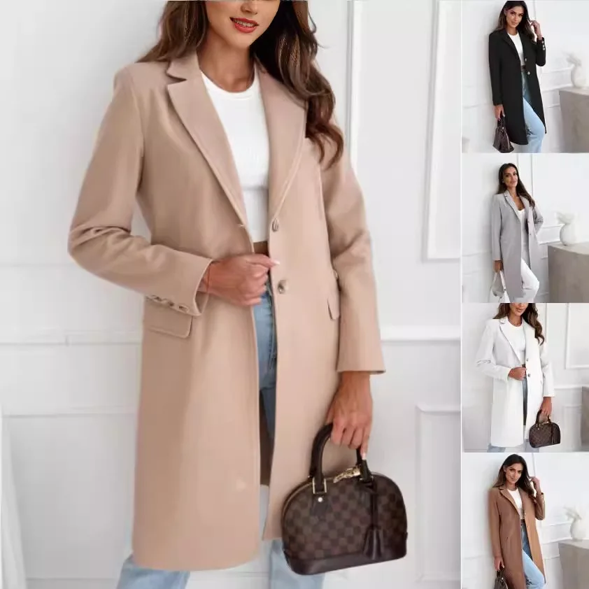 2024 New Autumn and Winter Simple Solid Color Mid-length Button Woolen Coat for Women Winter Coat