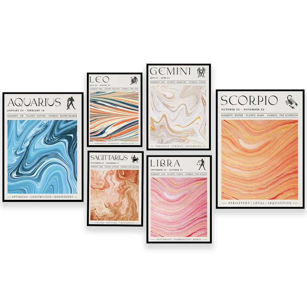 

12 Zodiac Canvas Painting Aries Scorpio Virgo Taurus Pisces Poster Print Abstract Aesthetic Living Room Wall Decor Cuadros Art