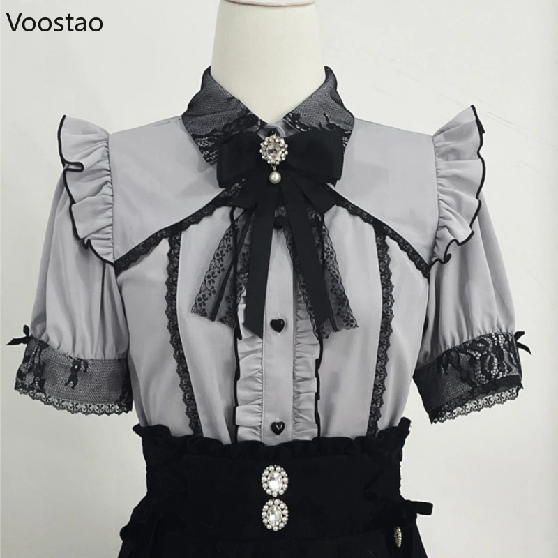 Kawaii Lolita Women Shirts Y2k Japanese Style Blouse Elegant Bow Lace Patchwork Sweet Tops Casual Office Ladies Aesthetic Shirt