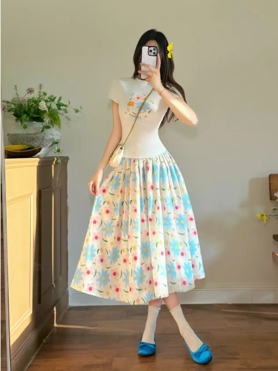 

plus Size Women's Sweet Floral Print round Neck Short Sleeve High Waist Pleated Skirt Summer Fashionable Two-Piece Set