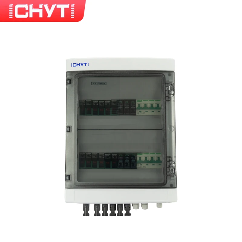 

CHYT 6-in-2-out 1000V 26way Solar Surge Lightning Protection IP65 Waterproof PV DC Combiner Box 2022 New Product