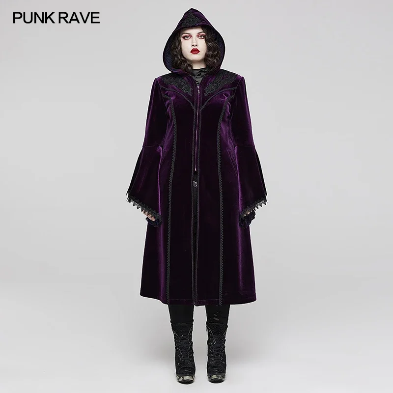 PUNK RAVE Women\'s Gothic Gorgeous Velvet Warm Coat Symmetrical Shoulder Decal Decoration Purple  Women Clothes Winter