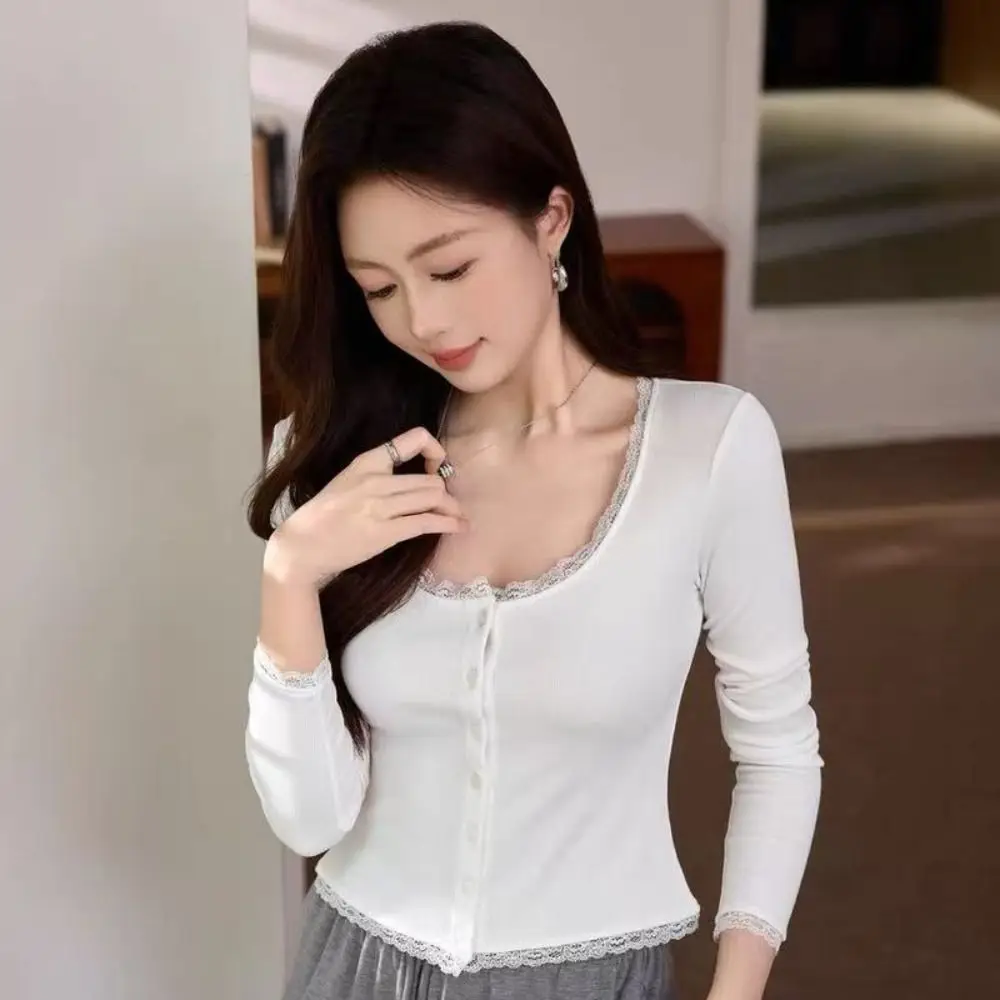 Solid Color Women Lace Trim T-shirt Short Style Pure Desire Square Neck Top Slimming Fit Korean Version Slim Fit Cardigan