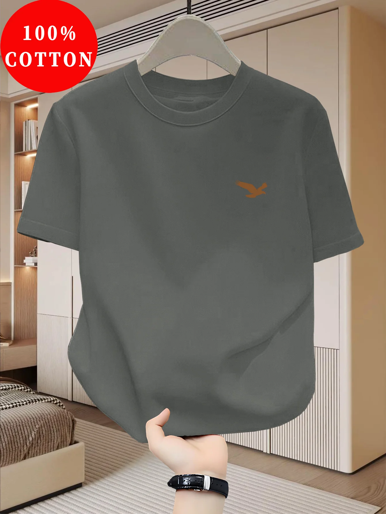 Summer 100% Pure Cotton Men's Casual Loose Fashion Eagle Pattern Printed Sports Short Sleeved Round Neck T-Shirt Top