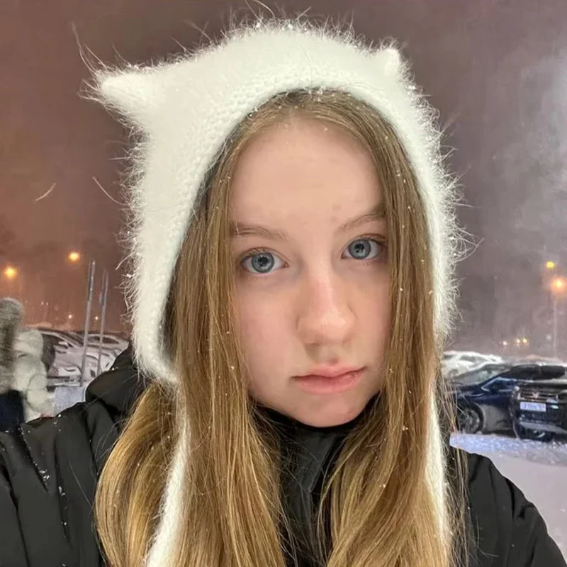 Japanese Streetwear Punk Hip Hop Caps Harajuku Beanie Little Devil Pure Knitted Hat Women Girls Autumn Winter Cute Cat Ears Cap