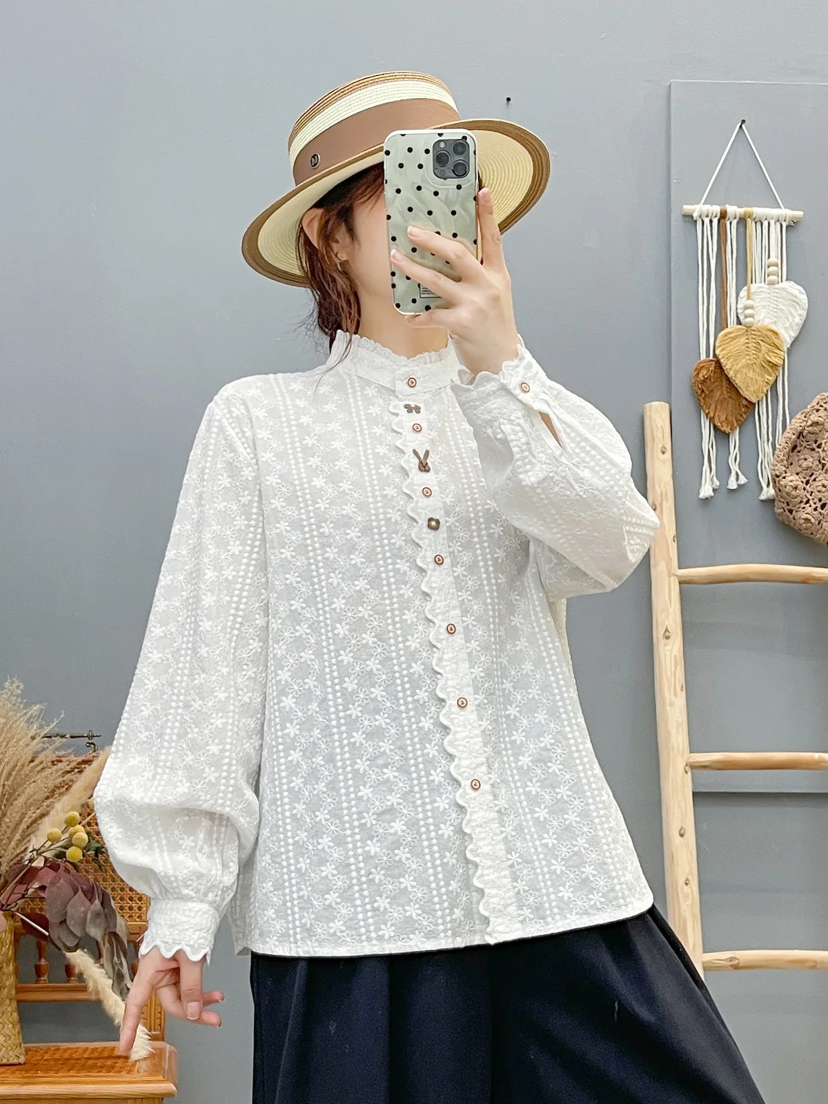 جديد 2025 الخريف قميص قطني بكم طويل ، المرأة الوقوف التطريز لطيف ، موري فتاة OL Preppy نمط الكشكشة بلوزة فضفاضة T58976CC