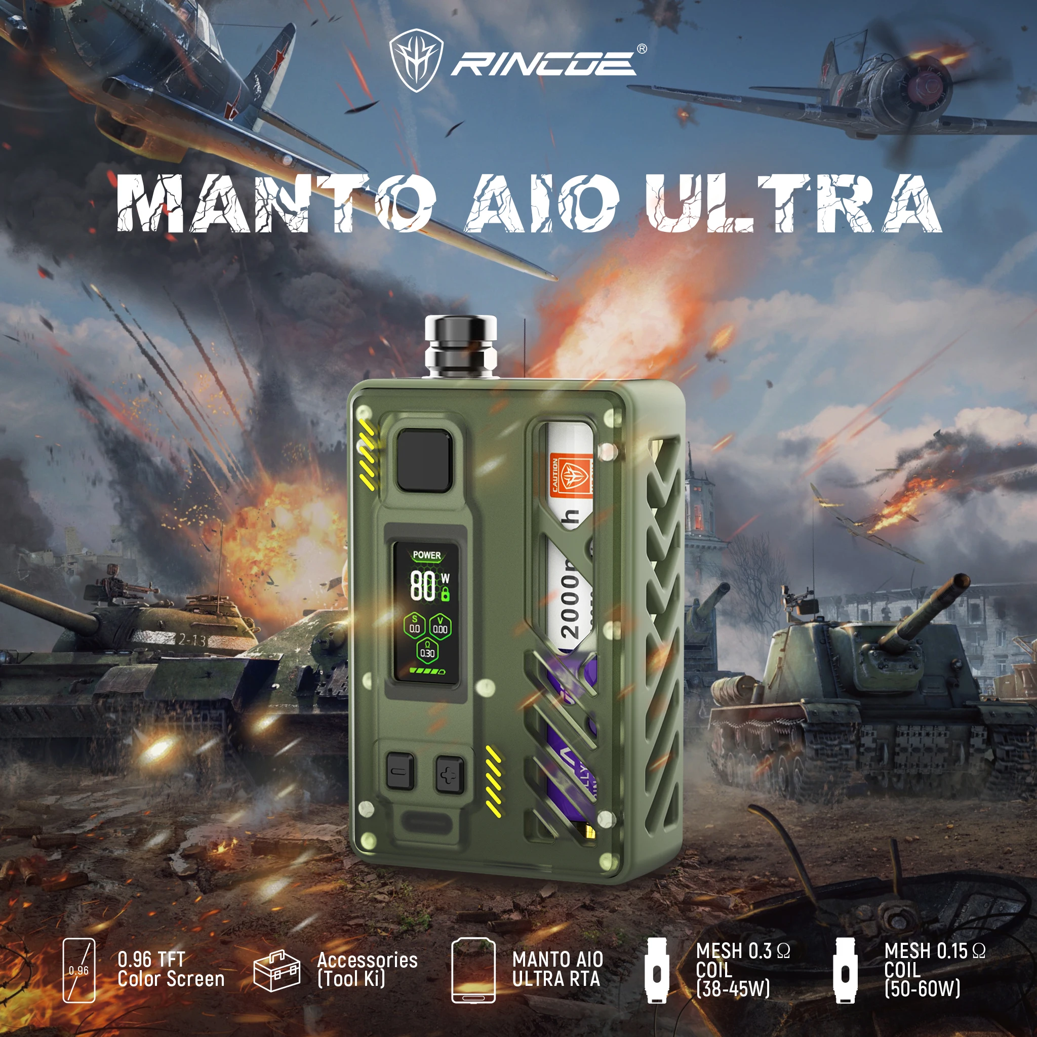 طقم تبخير سجائر Rincoe-mano AIO Ultra RTA ، لفائف RTA ذاتية الصنع ، خزان بورو ، Vape مع جراب إلكتروني ، بخاخ ، بخاخ ، أصلي ، 80 واط