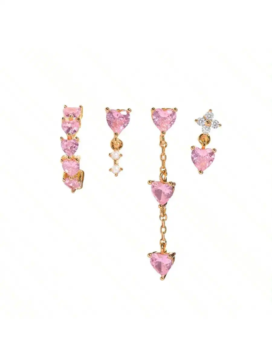 

Pink Heart Drop Earrings Set With Crystal Flower Accents For Women