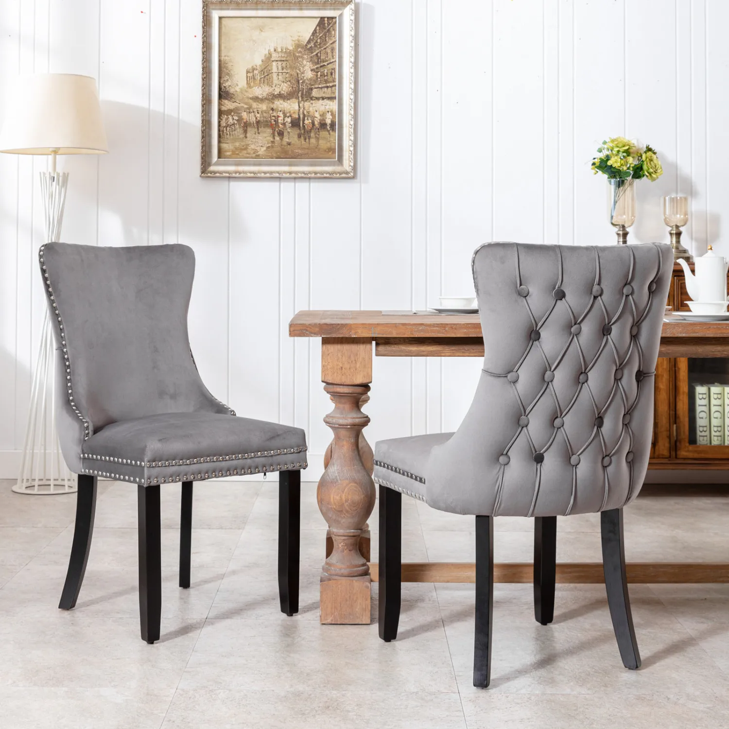 A&A Furniture, sedia da pranzo imbottita con schienale ad ala con rivestimento in punta chiodata e gambe in legno massello, set di 2, grigio, SW8809GY, K