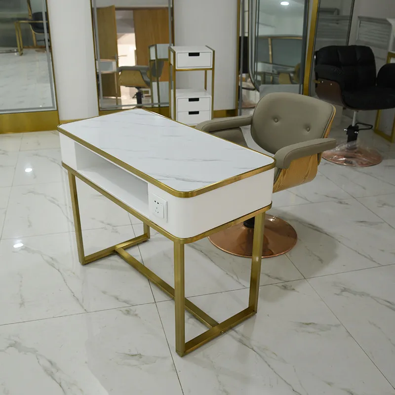 Wholesale Salon Furniture Double Table 2 Seats White And Gold Nail Table Manicure Desk With Vacuum