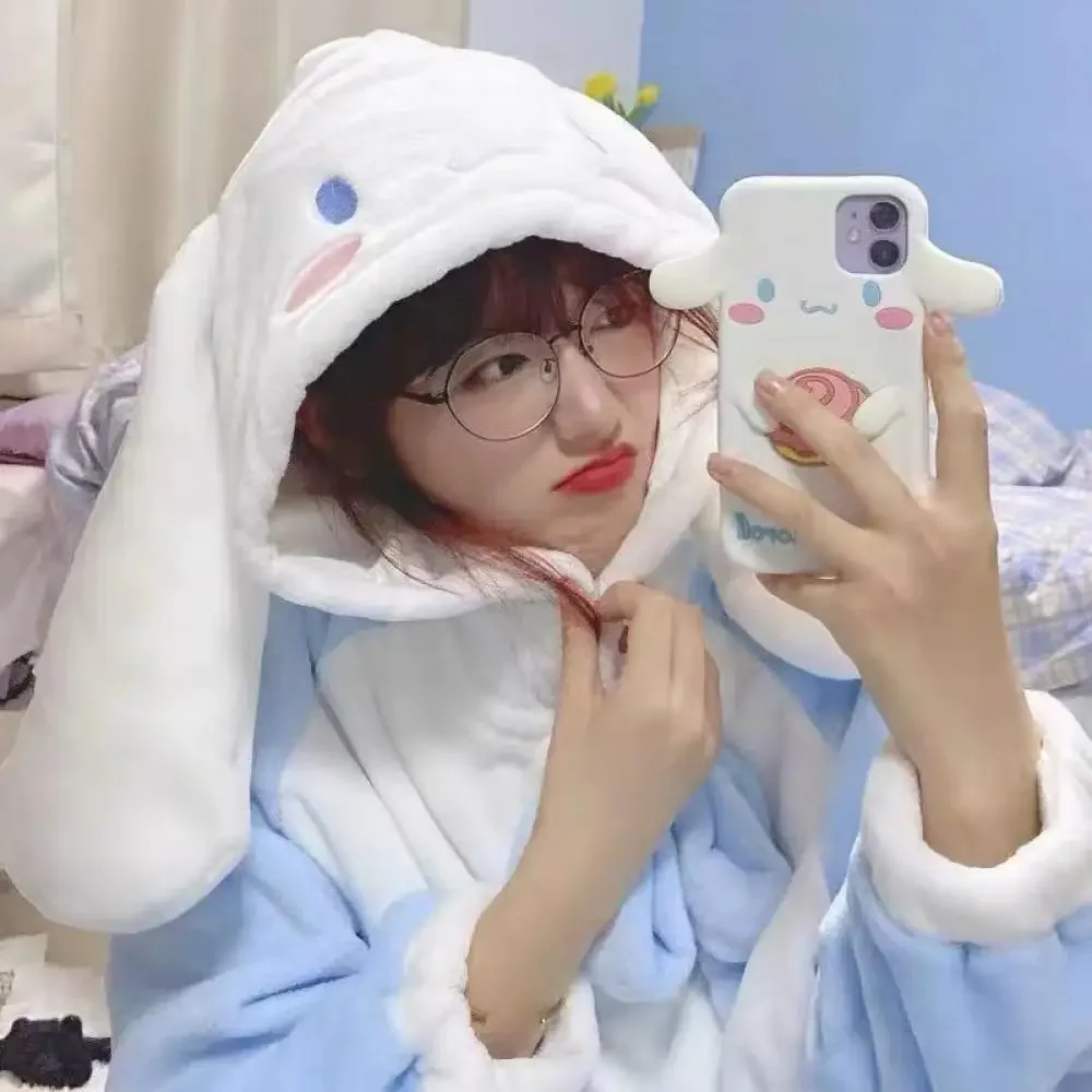 Kawaii Sanrioed Cartoon Cinnamoroll Plush Pajama Suit Anime Homewear Suit Cute Hooded Nightwear Autumn Winter Sweet Girl Student