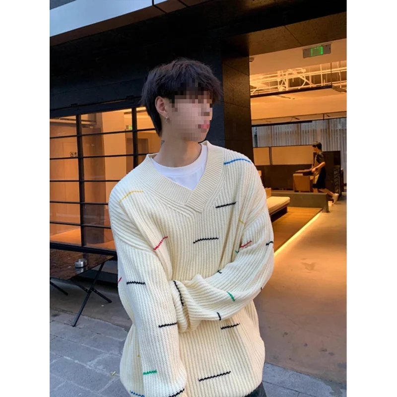 Men's Black V-neck New Knit Sweater Colorful Line Design Oversized Long Sleeve Casual Fashion Warm Pullover
