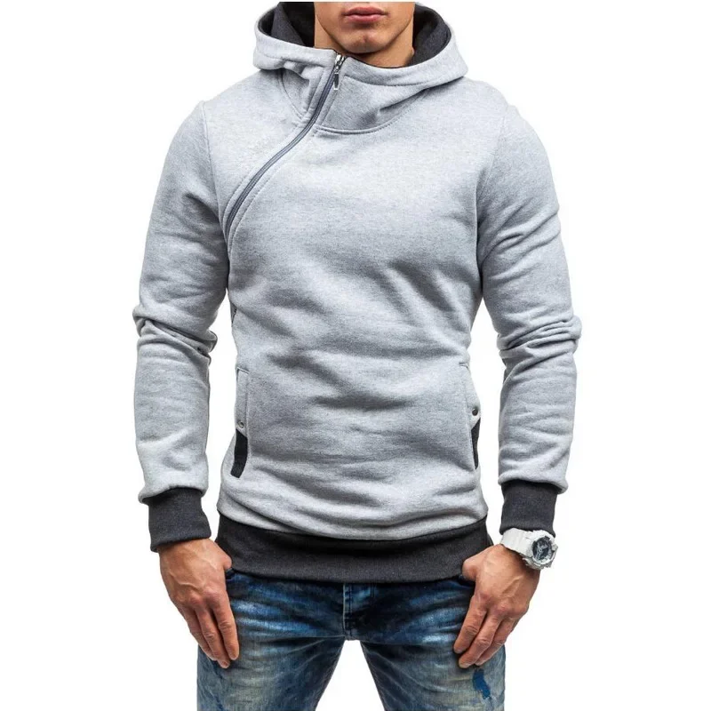 KELCE Men's Autumn Hooded Sweatshirt Solid Color Casual Oblique Zipper Pullover Hoodies Fashion Matching Loose Hoodies Male