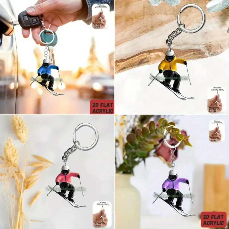 2D Ski Athlete Keychain Sport Theme Pendant Flat Acrylic Ornament Charm Hanging Decoration For Cars Bagpacks Festive Gift Office