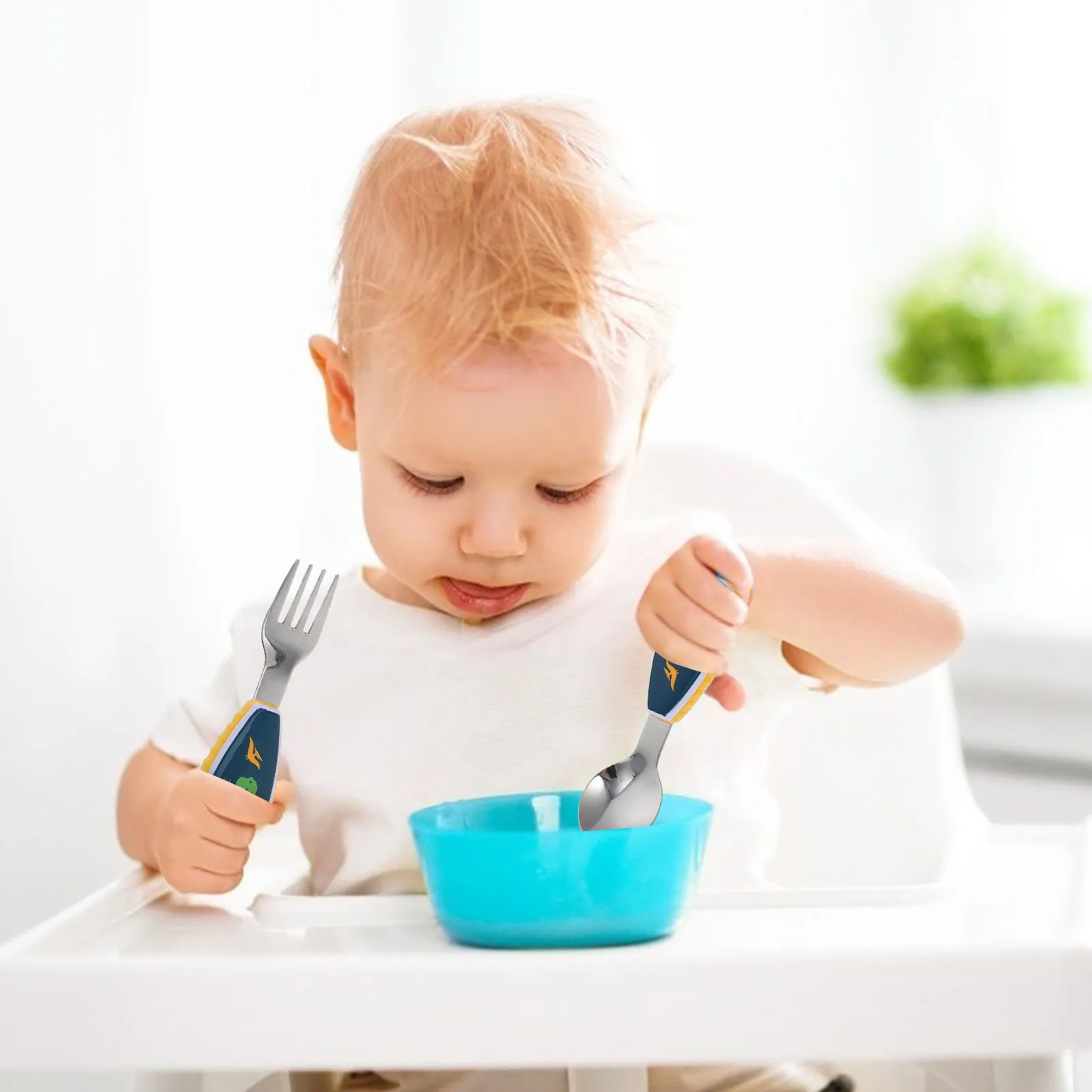 

1 комплект, набор тренировочных ложек и вилок, детская посуда из нержавеющей стали с короткой ручкой, мультяшный дизайн, прочная посуда для кормления