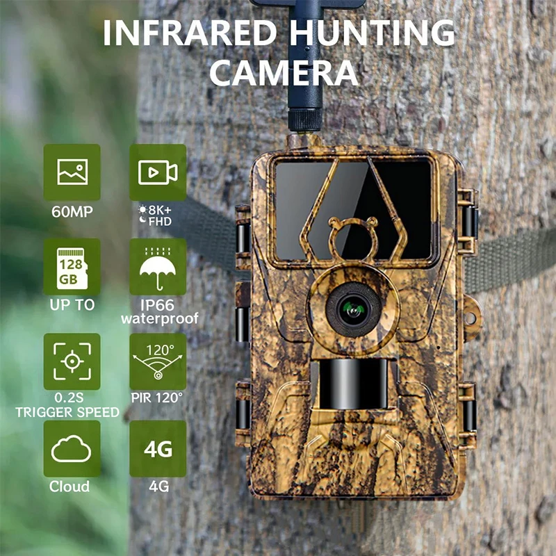 4G LTE Hunting Trail Camera 60MP HD 8K APP Control Night Vision Photo Trap with SIM card Cellular Mobile Wireless Wildlife Cam