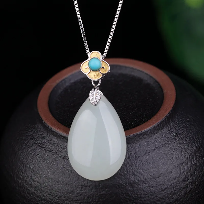 

Vintage Style Jade Pendant with Certificate Green Turquoise Gold and Silver Color Cloud Inlaid Water Drop Hetian Jade Pendant Ne