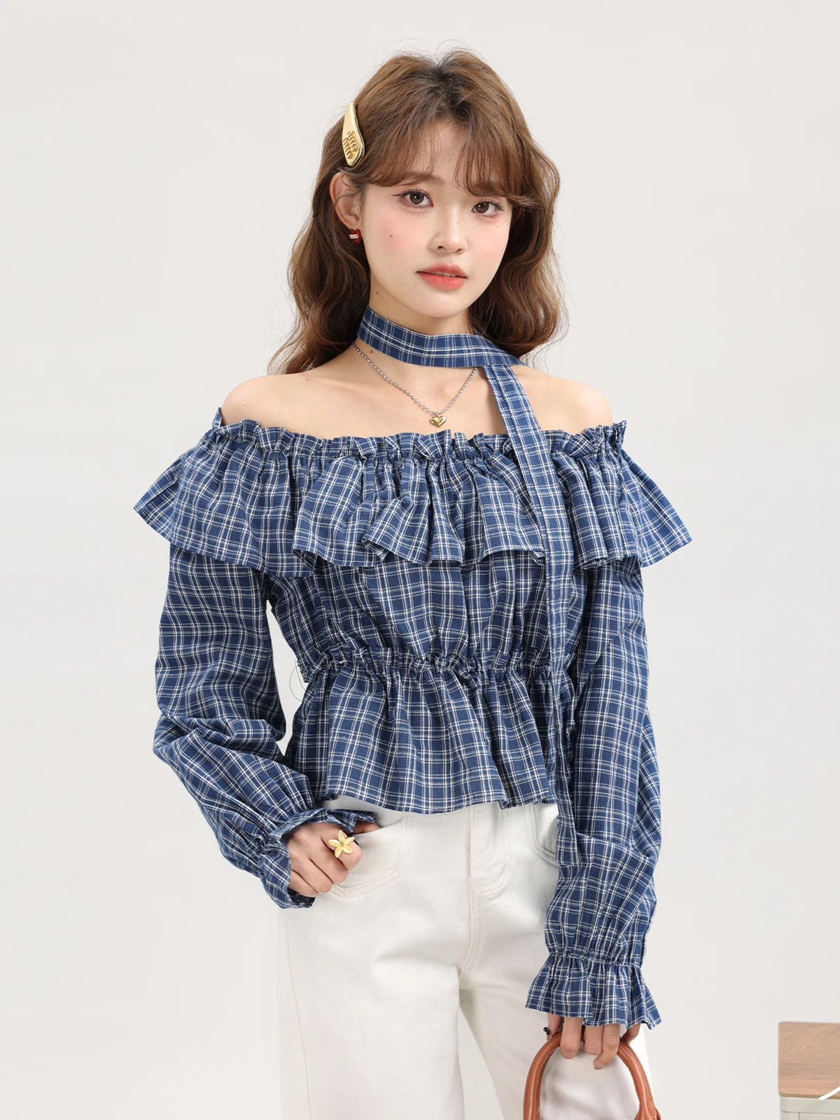 

Sweet Hot Girl Vintage Patchwork Ruffled Shirt Women's Spring Summer Pure Sexy Off Shoulder Plaid Short Shirt Female Clothes